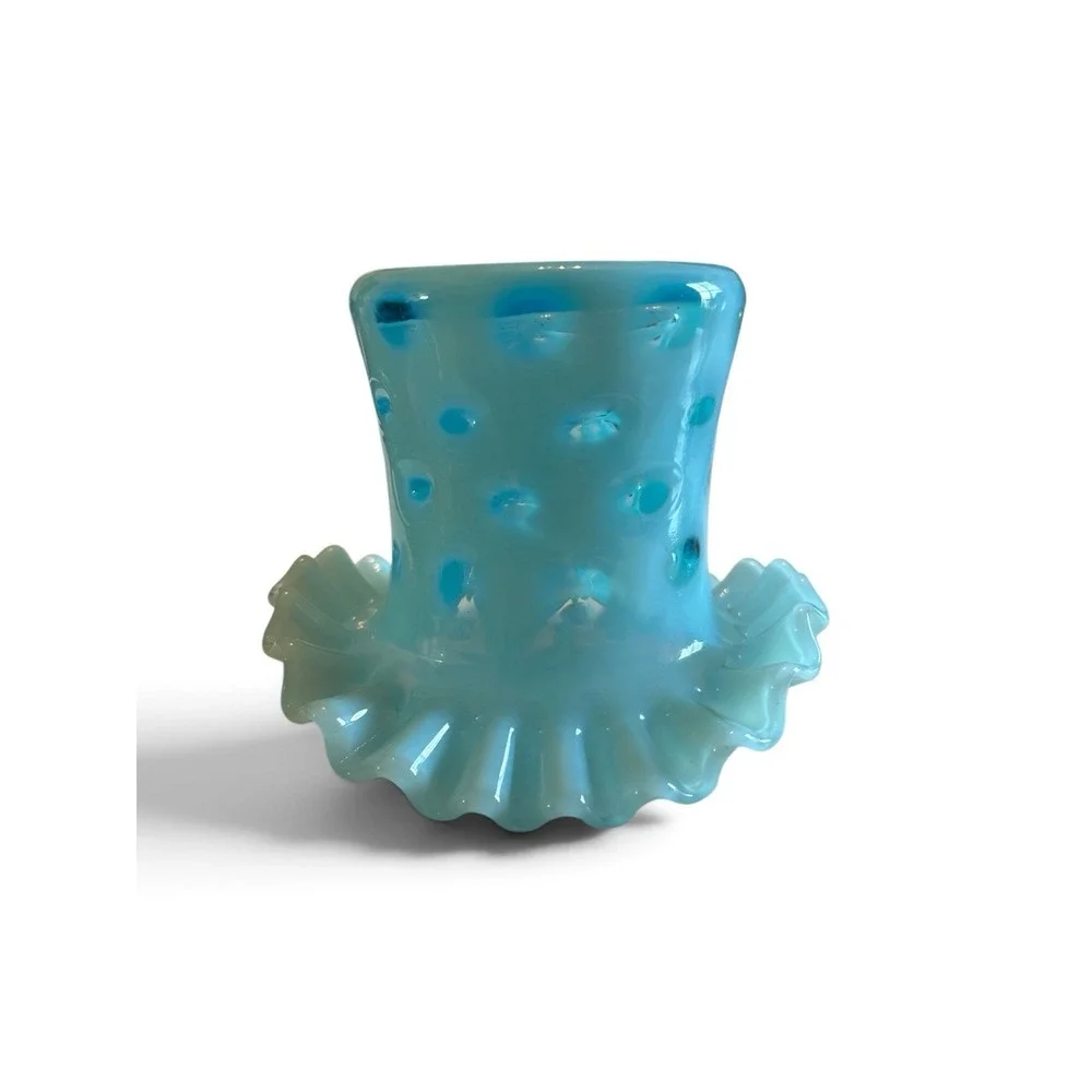 Fenton Turquoise/Aqua Opalescent Coin Dot Ruffled Glass Top Hat Vase 3